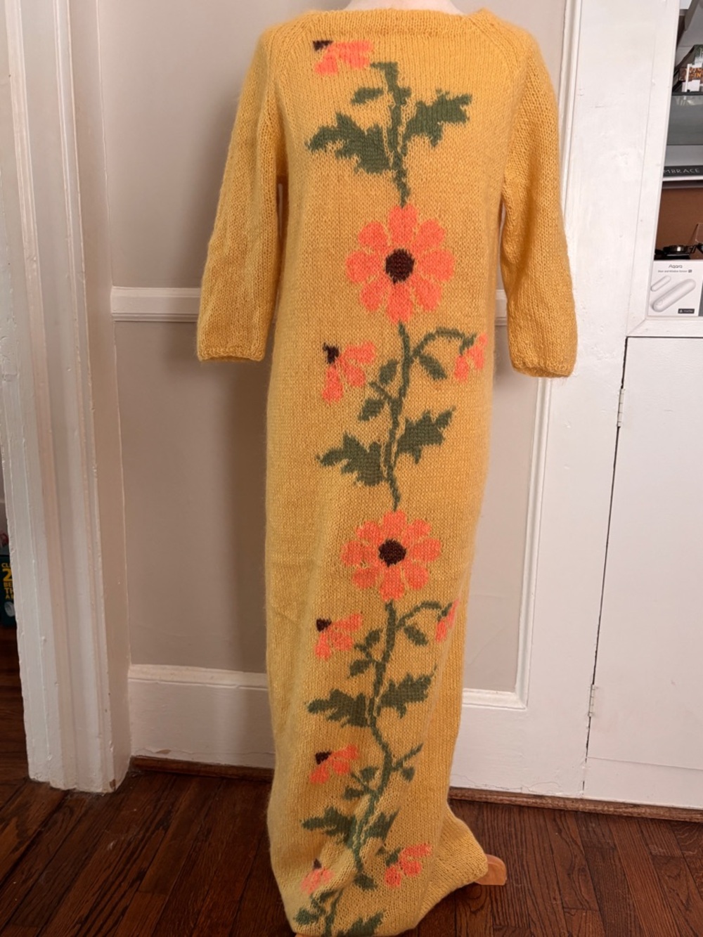 70s vintage butter yellow knit maxi dress with orange flowers